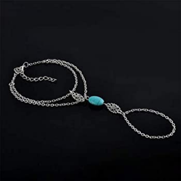 Olbye Turquoise Ring Bracelet Dainty Silver Flower Harness Bangle Chain 🐼🐼🐼 - Picture 3 of 5